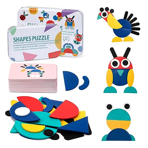 Holz Puzzle Blöcke, Geometrische Formmuster Tangram Puzzle Spielzeug mit 36 Bunte Holzmuster Blöcke und 60 Karten Montessori Lernspielzeug Geschenk für Kinder ab 3 Jahren von Wisplye