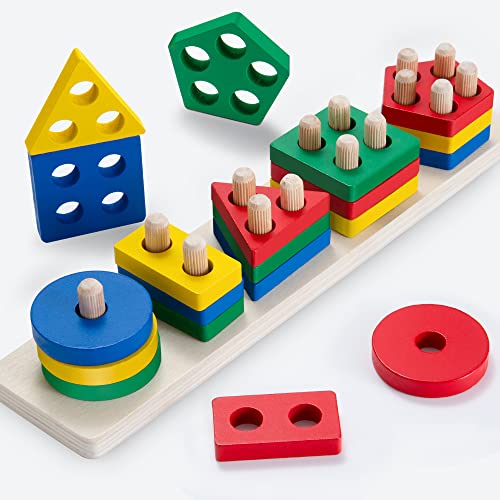 Wisplye Holz Sortier und Stapelspielzeug, Farben und Formen Puzzle-Stapler, Montessori Early Educational Block Puzzles für 1 2 3 Jungen und Mädchen Geschenk Weihnachten von Wisplye