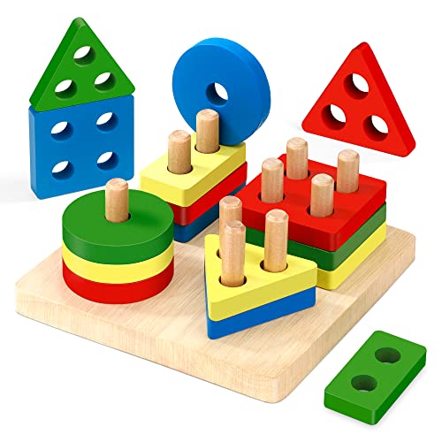 Holz Sortier und Stapelspielzeug, Montessori Spielzeug ab 1 2 3 Jahre, Geometrische Formen und Farben Puzzle-Stapler, Early Educational Block Puzzles Geschenke für Jungen und Mädchen von Wisplye