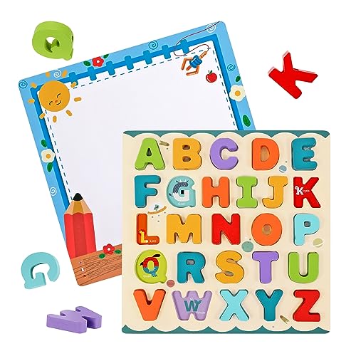 Holzpuzzle Spielzeug, Holz Bunt Alphabet Puzzle Board ABC Buchstaben, Spielbrett mit großen Buchstaben und englischen Vokabeln, Montessori Lernspielzeug für Kleinkinder Mädchen Jungen ab 3 Jahre von Wisplye