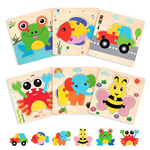 Holzpuzzle für Baby Kinder, 6 Stück Montessori Steckpuzzle Pädagogisches Spielzeug ab 1 2 3 Jahr für Jungs Mädchen, Puzzlespiel Set Geschenk Bunte Tierpuzzle von Wisplye