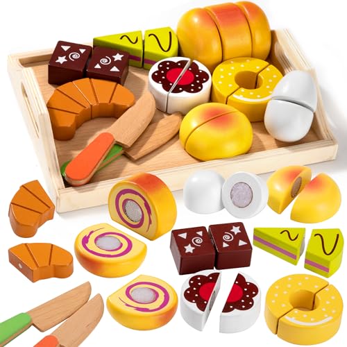 Küchenspielzeug aus Holz für Kinder, Kinderküche Zubehör Holz Dessert Bäckerei Spielzeug, Schneide Lebensmittel, Lernspielzeug Rollenspiele Geschenk für Jungen Mädchen von Wisplye