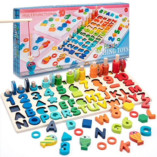 Wisplye Magnetisches Angelspiel Montessori Holzpuzzle Regenbogen Angeln Spielzeug für Kinder 4 5 6 Jahre Zahlen Buchstaben des Alphabets Lernen, Formen und Farben Erkennen von Wisplye