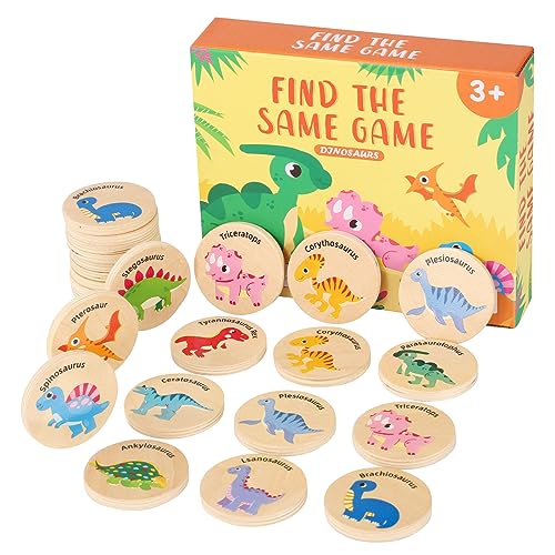 Memory Spiel Merkspiel Legekartenspiel aus Holz mit süßen Tier-Paaren für Kinder ab 2 3 4 Jahre, Dinosaurier Gedächtnisspiel Lernspiele Memospiel Kartenspiel Montessori Spielzeug Pädagogisches von Wisplye