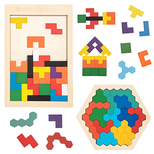 Holzpuzzle Tetris, 2 Stück Montessori Holz Tangram Puzzle Spielzeug, Hexagon Rechteck Brain Teasers Spiel, STEM Lernspielzeug Denkspiele Geschenk für Kinder Jungen und Mädchen von Wisplye
