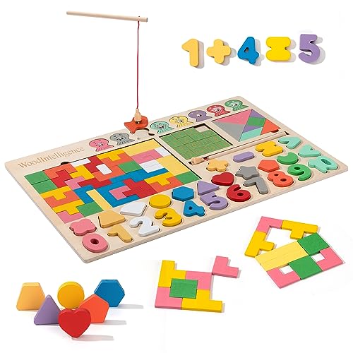 Montessori Spielzeug Magnetisches Angelspiel Holzpuzzle, 5-in-1 Tetris Puzzle Tangram Holzspielzeug Zahlen Farben- und Formensortierer Lernspielzeug Motorikspielzeug für Kinder ab 2 3 4 5 6 Jahren von Wisplye