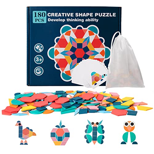 Wisplye Tangrams Holzpuzzles, 180 Stück Kinder Geometrische Formen Puzzle mit 24 Designkarten Geeignet, Montessori Bausteine Grafisches Pädagogisches Spielzeug Set für Mädchen Jungen ab 3+ Jahr von Wisplye