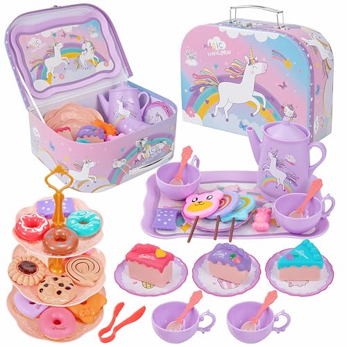 Teeservice Kinder Spielzeug, 42-teiliges Kinderküche Einhorn Teekanne & Dessert Set, Tee Party Prinzessin Rollenspiele Spielküche Zubehör, Tragekoffer Geschenk für Mädchen 3 4 5 6 Jahre von Wisplye