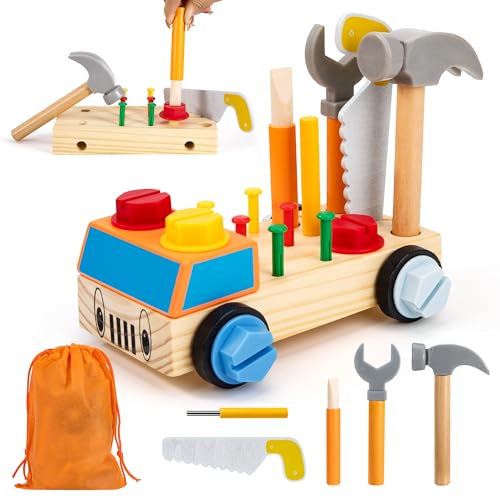 Wisplye Werkzeug Kinder Spielzeug ab 3 4 5 Jahre, Montessori Holzspielzeug Kinderwerkzeug Motorikspielzeug Lernspiele mit Aufbewahrungstasche Geschenk für Mädchen Junge von Wisplye