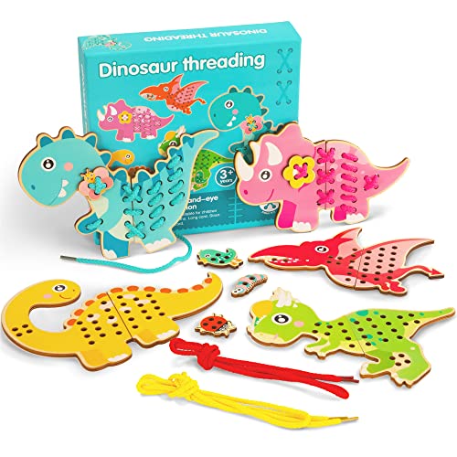 Wisplye Fädelspiel aus Holz, Fädelspielzeug für Kinder mit 5 Kordeln, Dinosaurier Einfädeln Spielzeug Montessori Pädagogisches Lernspielzeug Geschenke für Mädchen Jungen ab 3 Jahren von Wisplye