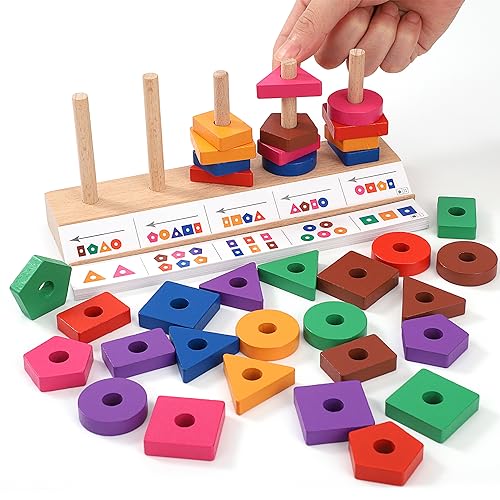 Wisplye Holz Sortier und Stapelspielzeug Montessori ab 2 3 Jahre, Holzpuzzles Geometrisches Stapel Steckspiel Farben und Formen Sortierspiel Blöcke für Kinder von Wisplye