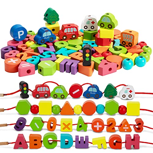 Holzperlen Fädelspiel Pädagogisches Holzspielzeug Lernspielzeug, Montessori Spielzeug ab Kleinkinder 2 3 4 5 Jahren, 75 Stück Autos Buchstaben Zahlen Formen Tier Perlen zum Auffädeln von Wisplye