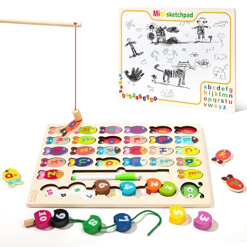 Wisplye Magnetisches Angelspiel Montessori ABC Lernen Puzzle Spielzeug ab 2 3 Jahre Kleinkinder, Holz Magnetspiel Motorikspielzeug 4 in 1 Vorschul-Lernalphabet und Zahlen-Lernspielzeug von Wisplye