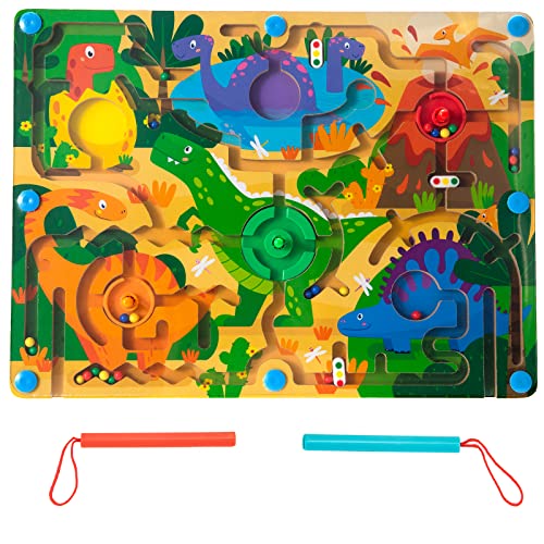 Wisplye Magnetspiel Dinosaurier Labyrinth, Magnetic Holz Labyrinth Spielzeug, Pädagogisches Spielzeug für Kinder ab 3 Jahren, Schult die Visuelle Verfolgung, Logik und Feinmotorik von Wisplye
