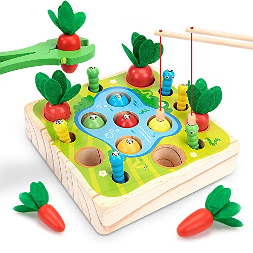 Wisplye Holzspielzeug ab 1 Jahre, Montessori Sortierspiel Motorik Spielzeug Lernspiele Holz Puzzle Karottenernte Magnetische Angelspiel Brettspiele für Kinder ab 3 4 5 Jahre von Wisplye