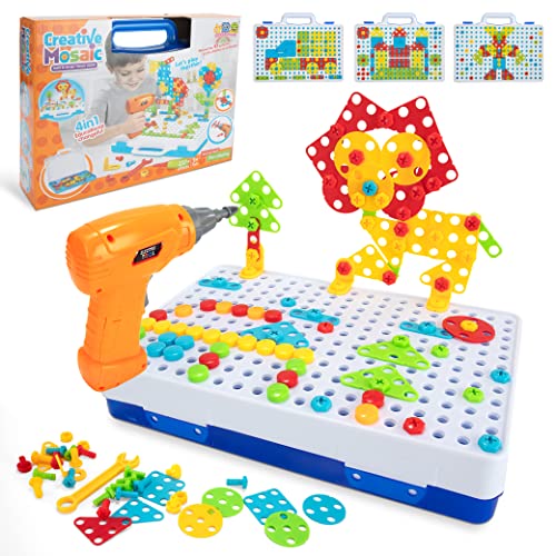 Wisplye Mosaik Steckspiel Spielzeug ab 3 4 5 Jahre Kinder, 237 Stück Montessori 3D&2D Puzzle Pädagogisch Kreativ Schraube Werkzeugkoffer Spiele mit Bohrmaschine, Geschenk für Kinder Junge Mädchen von Wisplye