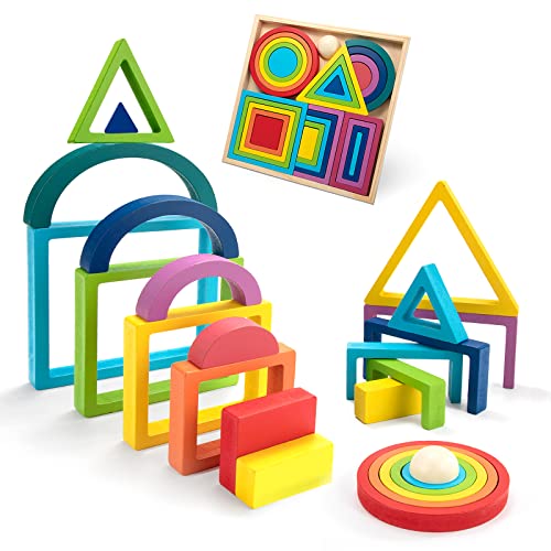 Wisplye Regenbogen Holz Spielzeug, 28 Stück Bausteine Bunter Holzbausteine Stapelspiel, Montessori Geometrie Formen Nesting Puzzle Gehirnspiel Lernspielzeug für Kleinkinder Kinder Jungen Mädchen von Wisplye