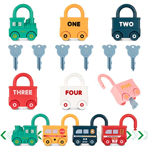 Wisplye Zug Spielzeug Schloss mit Schlüssel, Bunter School Bus Baby Sensorik Spielzeug Lernspielzeug Kunststoffspielzeug für Kinder Jungen Mädchen ab1 2 3 Jahre von Wisplye