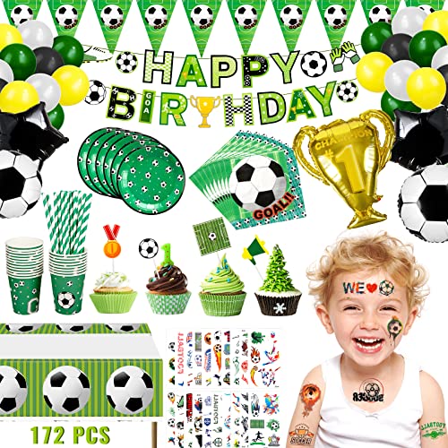 Withosent 172 Stück Fussball Party Geburtstag Deko Jungen Partygeschirr Set, Kindergeburtstag Party Supplie, Pappteller Servietten Tischdecke Strohhalme Pappbecher Ballon Banner für 20 Gäste von Withosent