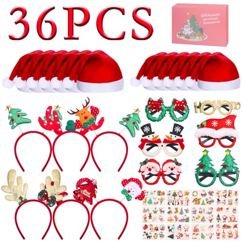 Withosent 36 Stück Weihnachts Accessoires, 6 Haarreif Weihnachten Stirnband, 6 Weihnachtsbrille, 12 Weihnachtsmützen, 12 Tattoo mit Geschenkbox zum Weihnachten Party für Erwachsene und Kinder Withosent 36 Stück Weihnachts Accessoires, 6 Haarreif Weihnachten Stirnband, 6 Weihnachtsbrille, 12 Weihnachtsmützen, 12 Tattoo mit Geschenkbox zum Weihnachten Party für Erwachsene und Kinder von Withosent