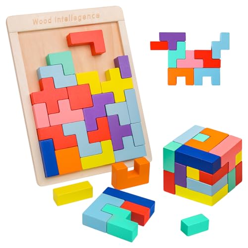Withosent 3D Puzzle Tetris Spiel Kinder, Holzpuzzle mit 30 Stück Intelligenz Bunte Bausteine, Montessori Spielzeug, Gehirn Spielzeug ab 3 4 5 Jahre, Lernspielzeug Geschenk für Jungen Mädchen von Withosent