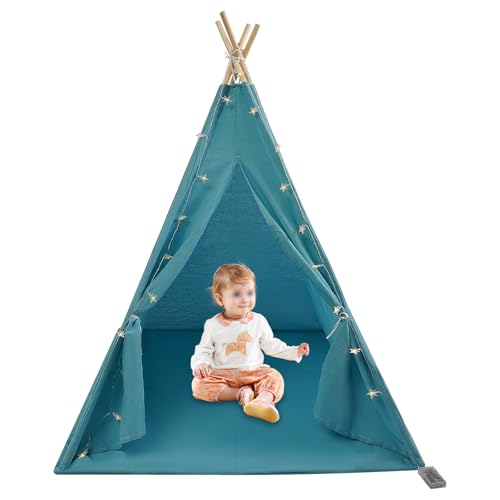 Kinderzelt für 1-3 Kinder Spielhaus Indoor Zelt Kinderzimmer Bettzelt Kinderspielhaus Spielzelt Dekor mit Matte & Farbige Lichtern für Schlafzimmer Camping (Blau) von Wiyuer