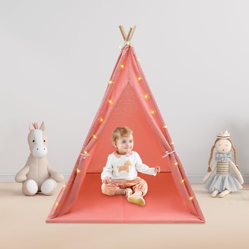 Kinderzelt für 1-3 Kinder Spielhaus Indoor Zelt Kinderzimmer Bettzelt Kinderspielhaus Spielzelt Dekor mit Matte & Farbige Lichtern für Schlafzimmer Camping (Rot) von Wiyuer