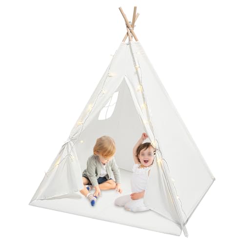 Kinderzelt für 1-3 Kinder Spielhaus Indoor Zelt Kinderzimmer Bettzelt Kinderspielhaus Spielzelt Dekor mit Matte & Farbige Lichtern für Schlafzimmer Camping (Weiß) von Wiyuer