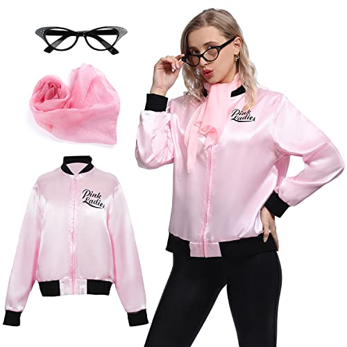 Wizland Damen Rosa Damen Fett Jacke für Halloween Cosplay Kostüm 1950er Jahre Rosa Satin Jacke mit Halstuch und Augenbrille XL Wizland Damen Rosa Damen Fett Jacke für Halloween Cosplay Kostüm 1950er Jahre Rosa Satin Jacke mit Halstuch und Augenbrille XL von Wizland