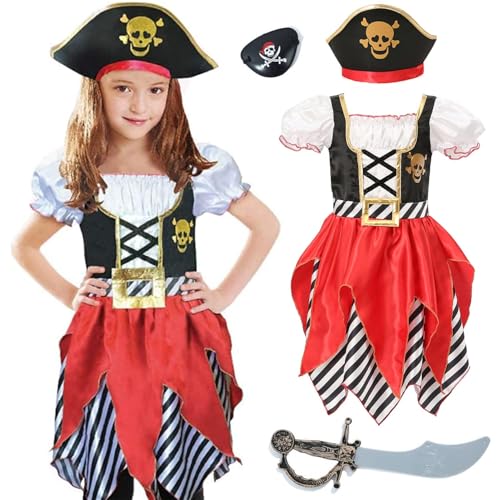 Wizland Mädchen Piraten Kostüm Buccaneer Prinzessin Kleid für Kinder Piraten Lass Kostüm Rollenspiel Dress Up Set 3-4 Jahre von Wizland