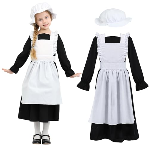Wizland Victorianisches Dienstmädchenkostüm für Mädchen, mittelalterliches Kostüm mit Kleid & Hut, ländlich-vintage Schauspielerkostüm für Kinder im Alter von 10-12 Jahren (Schwarz) von Wizland