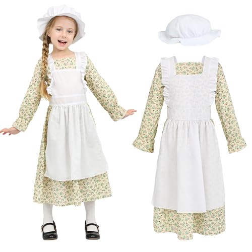 Wizland Victorianisches Dienstmädchenkostüm für Mädchen, mittelalterliches Kostüm mit Kleid & Hut, ländlich-vintage Schauspielerkostüm für Kinder im Alter von 4-6 Jahren (Blumenmuster) von Wizland
