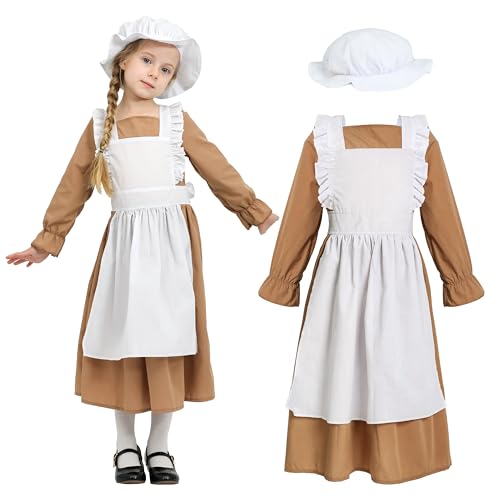 Wizland Victorianisches Dienstmädchenkostüm für Mädchen, mittelalterliches Kostüm mit Kleid & Hut, ländlich-vintage Schauspielerkostüm für Kinder im Alter von 6-8 Jahren (Braun) von Wizland