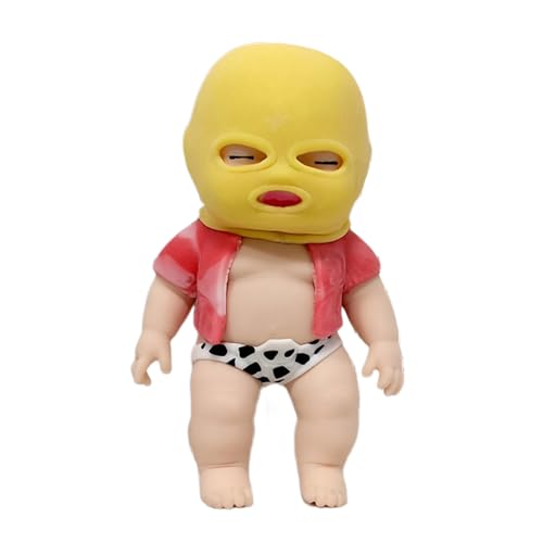 Wizoowip Bandit Quetschspielzeug-Puppen, Bandit mit Abnehmbarer Kopfbedeckung, Kleidung, TPR-Babypuppen, dehnbares Quetschspielzeug für Kinder, sensorische Fidget-Neuheitspuppe Gelb von Wizoowip