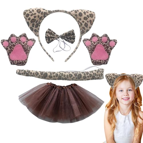 Wlikmjg Leopardenohren Stirnband, Leopardenmuster Stirnband, 5 x / Set Cat Ears Kostüm Leopard Halloween - mit Krallen Tutu Tier Cosplay Bowtie Set von Wlikmjg