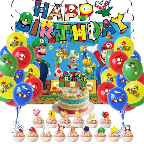 44 Stück Mario Geburtstagsdeko, Mario Geburtstag Deko, Cartoon Party Deko, WlsqDE Anime Luftballon, Cartoon Geburtstagsdeko, mit Banner, Tortendeko, für Kindergeburtstage von WlsqDE