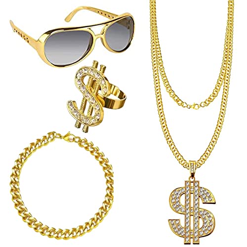 4 Stück Dollar Halskette, Dollar Kette Set, Hip Hop Kostüm, Rapper Zubehör, Rapper Ring Brille, 80er 90er Jahr Rapper Zubehör für Fasching Karneval von WnlahuWA