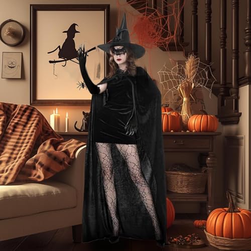 Woalopted Hexenkostüm Damen | Erwachsene Hexe Halloween Kostüm Set,Umhang Hut Handschuhe Spitzenmaske Socken für Gothic Hochzeitsfest von Woalopted