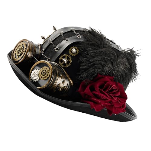 Woedpez Unisex Punk Jazzy-Hut mit industrieller Zahnradkette und Brille, dunkle Rose, Blume für Cosplay und Themenveranstaltungen, Verkleidungen, Steampunk-Party-Hut von Woedpez