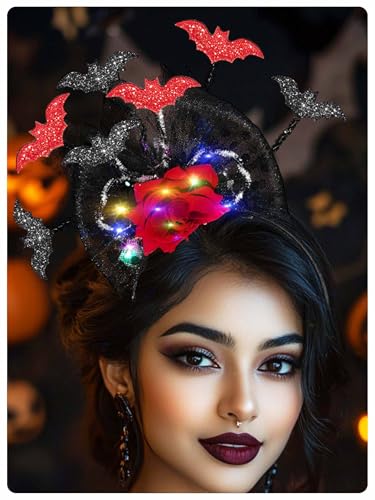 Woeoe Halloween Blume Stirnband Tag der Toten Rot Fledermaus Haarband Gothic für Frauen Cosplay Rave Kostüm Haarschmuck von Woeoe