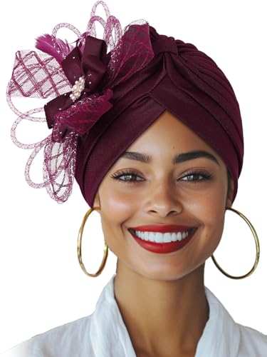 Woeoe Turbane, Cap, Perlen, Kopfbedeckung, Burgunderrot, Fascinator für Damen Woeoe Turbane, Cap, Perlen, Kopfbedeckung, Burgunderrot, Fascinator für Damen von Woeoe
