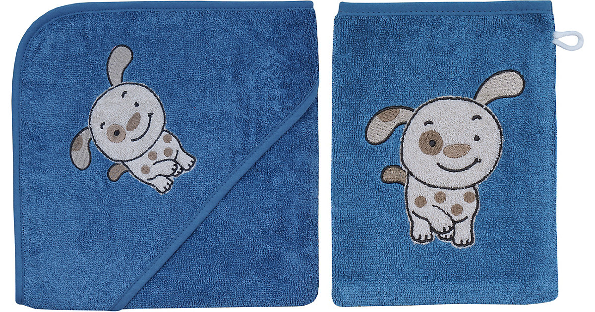 Geschenkbox Hund mit Kapuzenbadetuch + Waschhandschuh graublau von Wörner