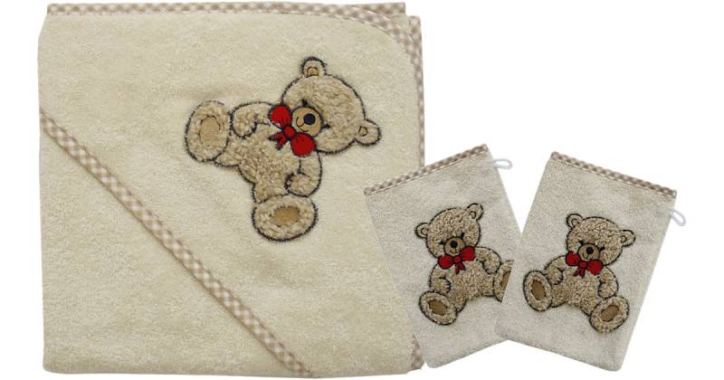 Set Kapuzenbadetuch mit 2 Waschlappen, Teddy II natur, 80 x 80 cm beige von Wörner