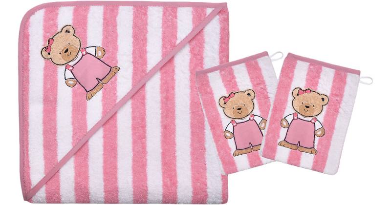 Set Kapuzenbadetuch mit 2 Waschlappen, Teddy Ringel, rosa, 80 x 80 cm von Wörner