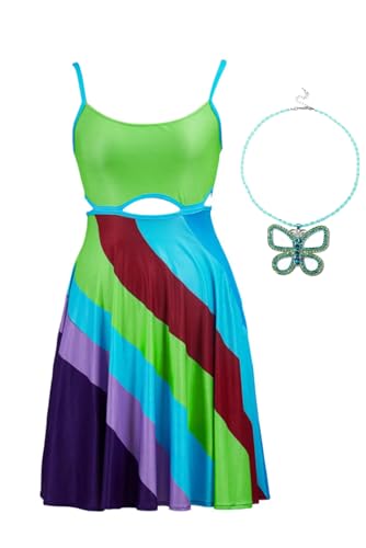 Wolancy Jenna Cosplay Kleid Vintage Bedrucktes Buntes Trägerkleid mit Grün Schmetterling Halskette Sommer Party Strand Ferienkleider Cosplay Kostüm von Wolancy