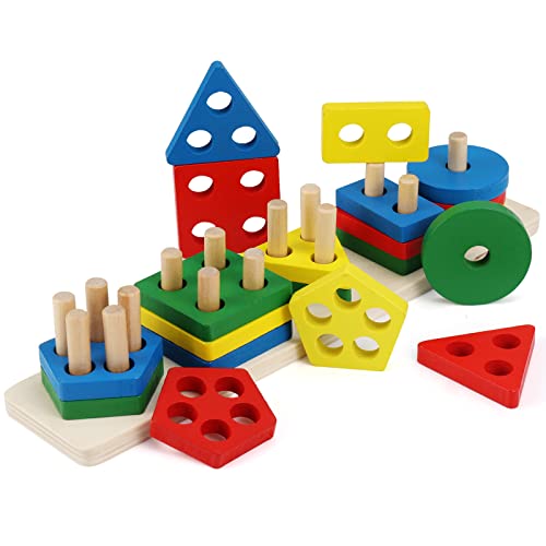 WolinTek Holz Sortierspiel Formen und Farben, Montessori Holzspielzeug Sortier Stapelspielzeug, Lernspielzeug Geschenk,Bestes Geburtstagsgeschenk für Kinder, Junge, Mädchen und Babys (5 Set) von WolinTek