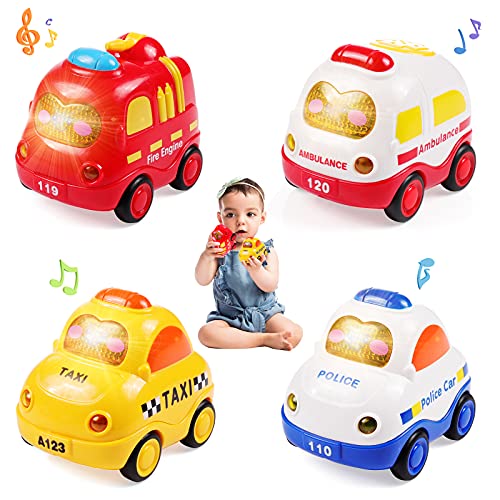WolinTek 4 Stücke Push and Go Auto mit Licht und Musik,Früherziehung Autos Spielzeug für Jungen und Mädchen 1 2 3 4 5 Jahr,Friktionsbetriebene Spielzeugfahrzeuge von WolinTek