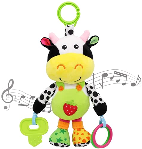 WolinTek Babyspielzeug für 0, 3, 6, 9, 12 Monate,Kleinkindspielzeug Plüschrassel mit Musik, Baby Rasseln mit Beißringen zum Beißen,Kinderwagen Auto Spielzeug für Kleinkinder (Kuh) von WolinTek
