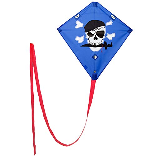 Wolkenstürmer® Racer Lenkdrachen (blau) Pirat, flugfertiger Flugdrachen mit 2x25m Polyesterleinen & 12m Langer Drachenschwanz, für Einsteiger von Wolkenstürmer