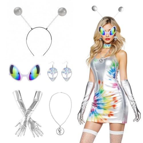 Alien Kostüm Damen, Space Kostüm Damen, Alien Haarreif, Alien Accessoires Brille, Handschuhe, Alien Ohrringe Halskette, Space Girl Weltraum Kostüm Accessories für Karneval Fasching Halloween Party Alien Kostüm Damen, Space Kostüm Damen, Alien Haarreif, Alien Accessoires Brille, Handschuhe, Alien Ohrringe Halskette, Space Girl Weltraum Kostüm Accessories für Karneval Fasching Halloween Party von Wolkstello
